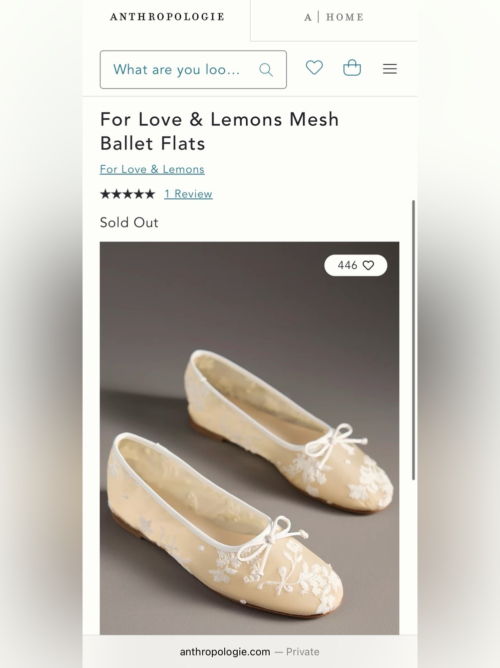 New Anthropologie For Love & Lemons mesh ballet flats sz 38, white/nude